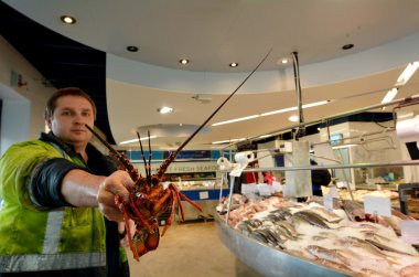 Satıcı sergi ıstakoz Auckland balık pazarında
