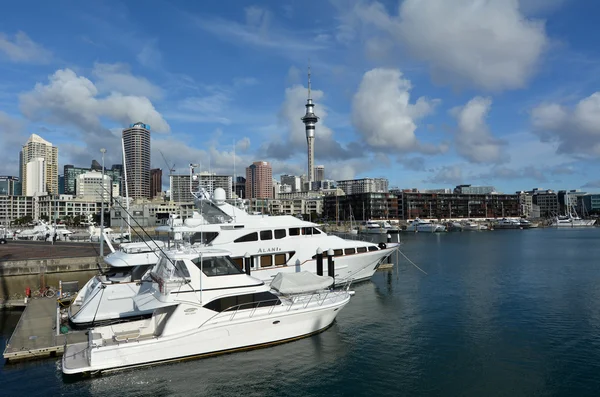 Jachty, uvazování v Aucklandu viadukt Harbor povodí — Stock fotografie