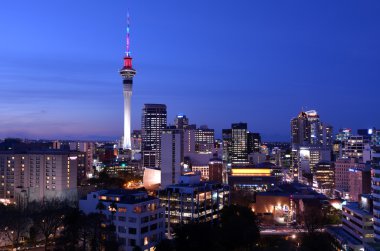 Auckland Sky tower in colors and the financial center skyline