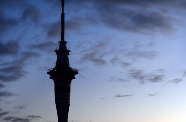 Silhouette of Auckland skyline at sunrise