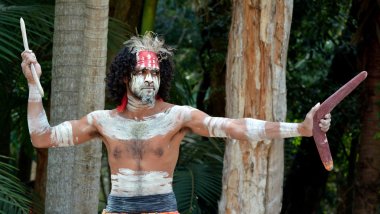 Aboriginal warrior throwing boomerang during cultural show in Queensland, Australia. clipart