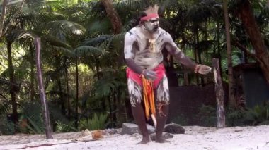 Yugambeh Aboriginal warrior man dance during Aboriginal culture show in Queen