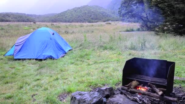 Wanderer wärmt sich am Lagerfeuer auf — Stockvideo