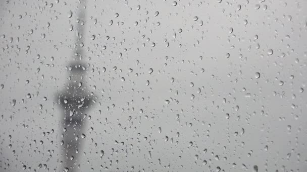 Rain drops falls on a window with Auckland CBD — Stock Video