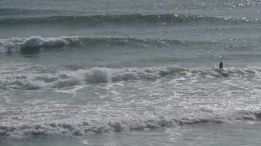 PORT MACQuARIE, NSW - OCT 24 2025: bir dalga üzerinde kürek çeken tanınmayan bir kişinin hava görüntüsü. Paddleboard dünya çapında en popüler su sporlarından biri haline geldi.,.