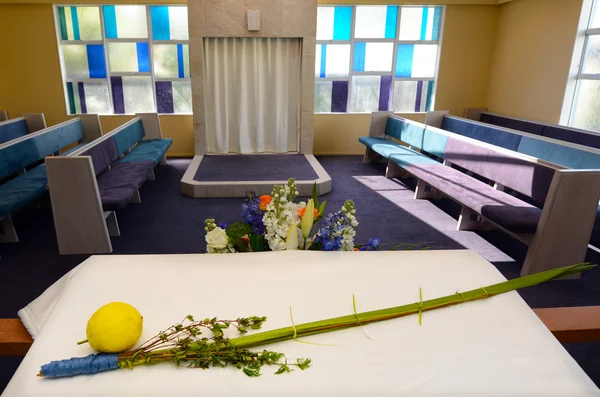 Vier verschiedene Symbole des jüdischen Feiertags Sukkot in einer Synagoge — Stockfoto