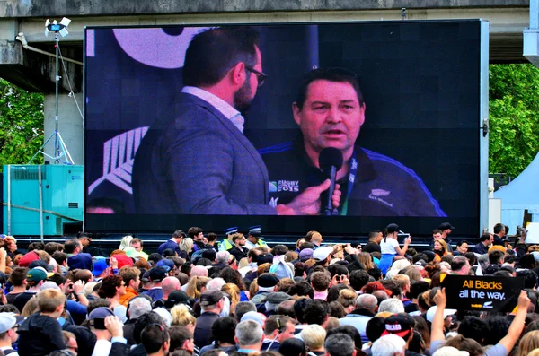 All Blacks coach Steve Hansen speek to the crowd in Victoria Par