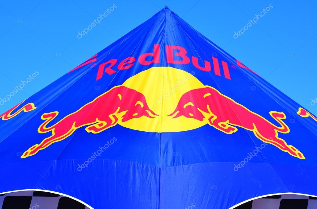 AUCKLAND,  NZL - NOV 05 2015:Red Bull Logo on  outdoor show tent.Red Bull is the highest-selling energy drink in the world, with 5.387 billion cans sold in 2013