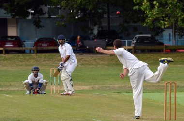 A bowler bowling to a batsman.
