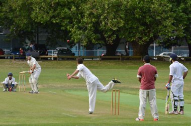 Men play Cricket in Victoria park Auckland, New Zealand
