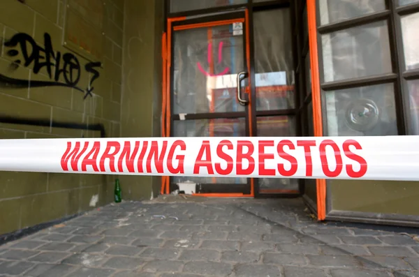 Sign Reads Warning Asbestos Removal Progress Inhalation Asbestos Fibers Can — Stock Photo, Image