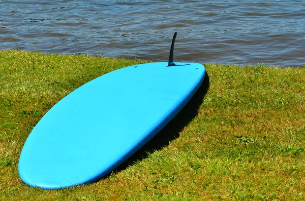 Bordo paddle standup blu sulla riva del fiume — Foto Stock