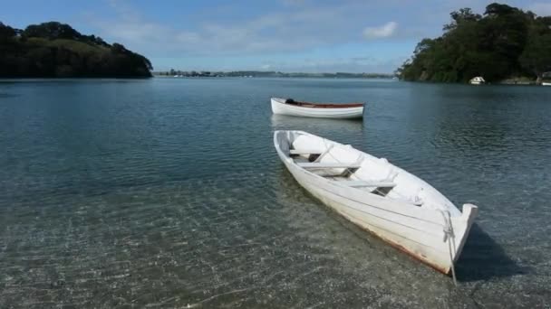 Two wooden dinghy row boats mooring in Leigh New Zealand — Stock Video