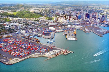 Aerial view of  Auckland financial and the ports of Auckland New Zealand