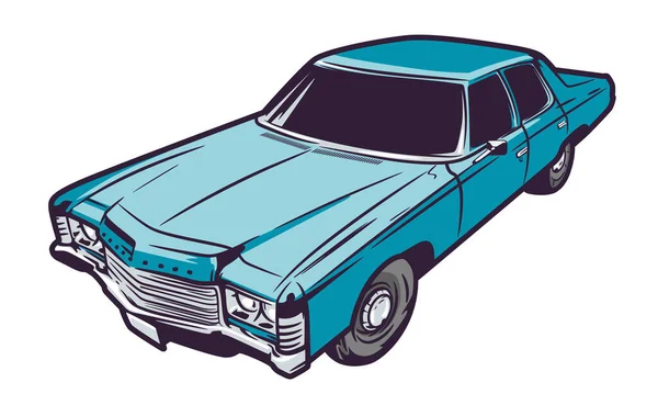 Blå Amerikansk Bil Vände Tre Fjärdedelar Mot Oss Isolerad Vit — Stock vektor