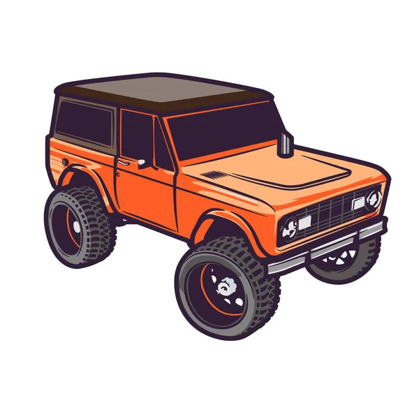 Orange Car Located Three Quarters Car Large Wheels Travel Mountains — Stock Vector