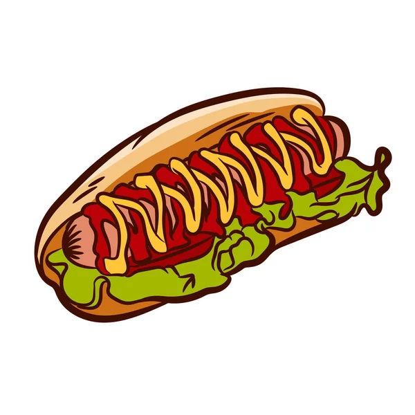 Ilustrace Ručně Kresleným Inkoustem Hot Dog Kečupem Hořčicem Izolované Bílém — Stockový vektor