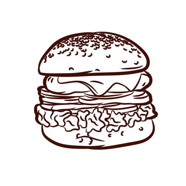 Hamburger Delizioso Succoso Isolato Sfondo Bianco Posto Stampa Illustrazione Inchiostro — Vettoriale Stock