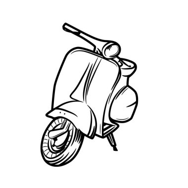 Dönen direksiyonla bize bakan scooter. Bir motosiklet dükkanı için görüntü.  