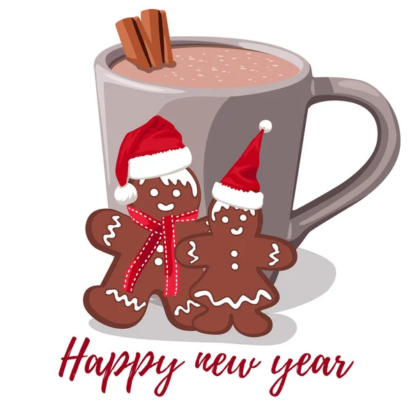 Kakaolu bir bardak ve iki küçük kurabiye. Keyfim yerinde. Beyaz arka planda izole edilmiş. Aşağıdaki yazıt Mutlu Yıllar.