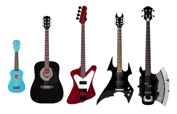 ホワイトを基調としたギターセットエレキギター ベースギター アコースティックギター ウクレレ — ストックベクタ