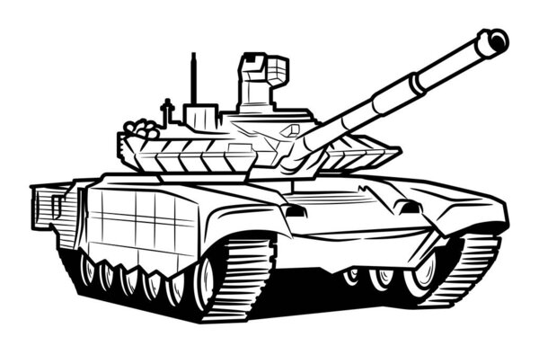 A huge tank with a raised muzzle.  Isolated on a white background.  Tank illustration for coloring.Illustration in ink hand drawn style.