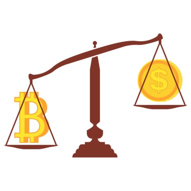Solunda bitcoin simgesi, sağında da bozuk para olan pullar. Beyaz arka planda izole edilmiş. Bitcoin zenginlik kavramı. Bitcoin denge ile dolar kavramına karşı.