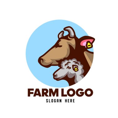 İnek kafası ve koyun kafası şeklinde çiftlikler için logo. Hayvan kulaklarında numaralar var. Beyaz arkaplanda izole logo.
