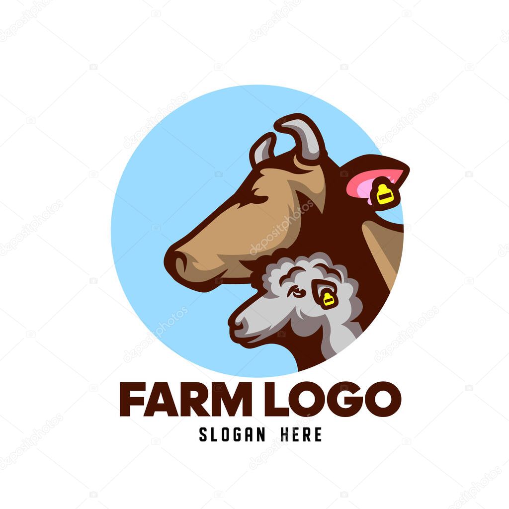Logo for farms in the form of a cow's head and a sheep's head.  Animal ears have tags with numbers. Isolated logo on white background.