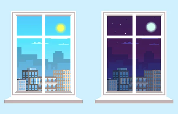 Dos Ventanas Con Vistas Ciudad Noche Día City Window Vista — Vector de stock