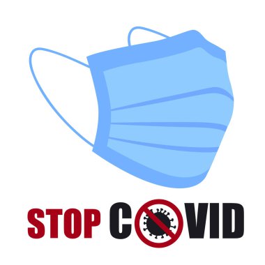 Mavi tıbbi maske. Durağın dibindeki yazıt Covid.