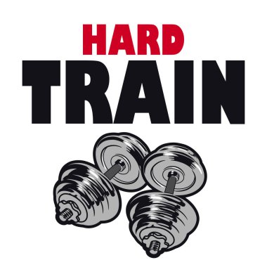 İki adet krom dambıl ve ağır tren harfi. Beyaz arka planda izole edilmiş.