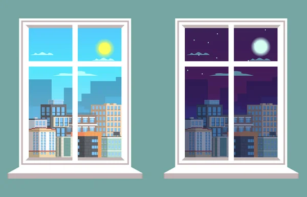 Zwei Fenster Mit Blick Auf Die Stadt Tag Und Nacht — Stockvektor