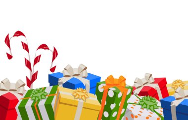 Beyaz arka planda şekerlemeler ve yeni yıl hediyeleri