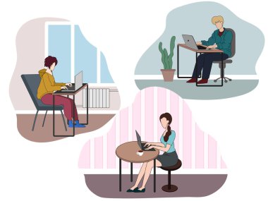 Dizüstü bilgisayarla çalışan farklı insanlar. Kadın ve erkeğin serbest çalışanların resmi. Ofiste çalışanlar..