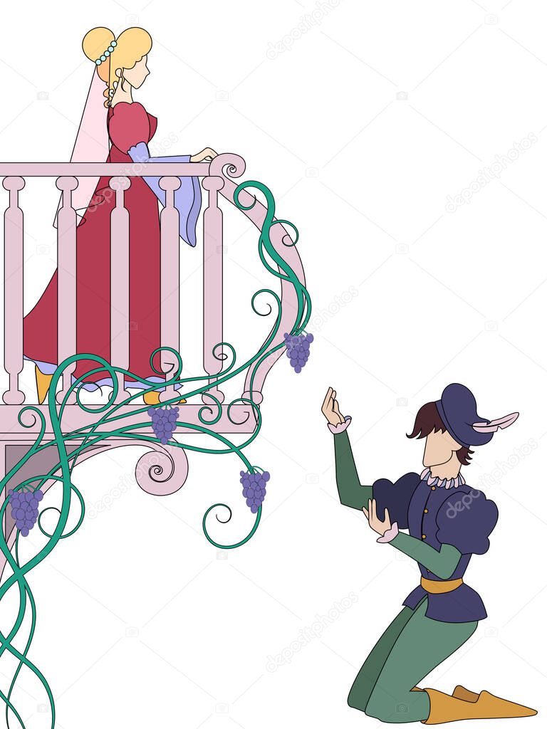 Love romantic couple. Vector illustration of long distance romance. Theatrical performance of Romeo and Juliet. Concept for St. Valentine Day. Concept World Theatre Day. 