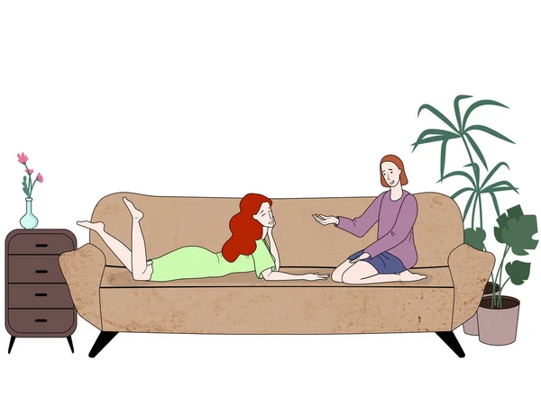 Duas Meninas Relaxando Sofá Raparigas Relaxando Casa Ilustração Vetorial Plana — Vetor de Stock