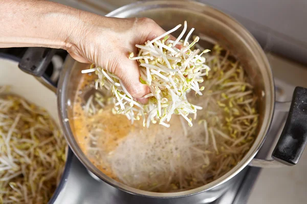 Adicionando broto de feijão à sopa — Fotografia de Stock