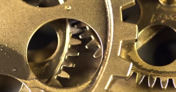 Close Old Golden Gears Turning Working Mechanism — Stock Video