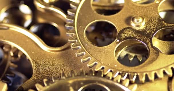 Close Old Golden Gears Turning Working Mechanism — Stock Video