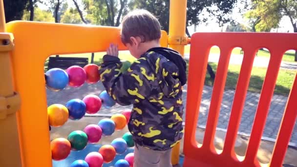 Slow Motion Skott Liten Pojke Leker Med Abaking Klot Park — Stockvideo