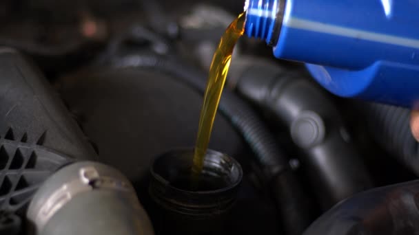Motor Synthetic Oil Pouring Car Engine Synthetic Oils Protecting Cars — Stock Video