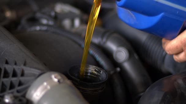 Motor Synthetic Oil Pouring Car Engine Synthetic Oils Protecting Cars — Stock Video