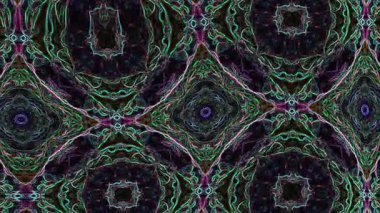 Karmaşık renkli çizgiler derin, gölgeli bir arka plan boyunca ilerler ve canlı bir mandalayı anımsatan tekrarlayan bir yapı oluştururlar. Bileşim hassasiyet ve türbülansı dengeler, simetrinin huzursuz, titreşen detaylardan ortaya çıktığı yer..