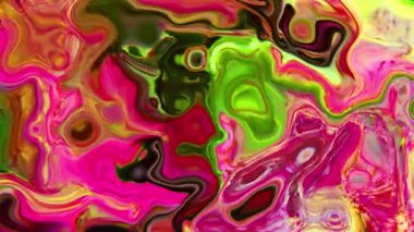 Kalın organik girdaplar ve canlı pembe, yeşil, sarı ve kırmızı tonlarla yoğun renkli sıvı boya hareketi. Enerjik soyut sıvı doku dinamik arkaplanlar ve anlamlı görsel tasarım için idealdir..