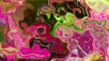 Canlı sıvı boya kıvrımları pembe, yeşil ve sıcak renkleri organik akış şekillerine harmanlayarak hipnotik soyut akışkan hareket yaratır..