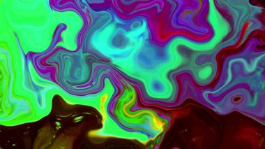 Parlak neon renkli boya dinamik bir şekilde girdap oluşturuyor. Psikedelik, soyut sıvı hareketler yaratıyor..