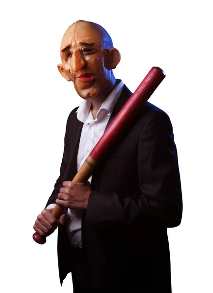 Scary man in suit with mask and baseball bat — Stock Photo, Image