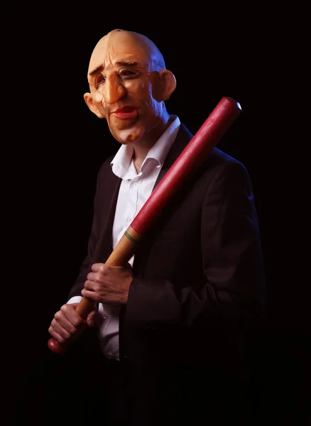 Scary man in suit with mask and baseball bat — Stock Photo, Image