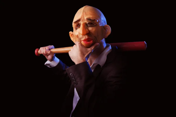 Scary man in suit with mask and baseball bat — Stock Photo, Image